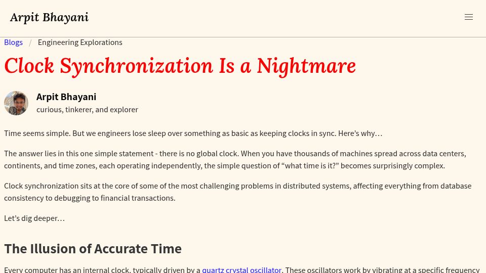 Screenshot of arpitbhayani.me: Clock synchronization is a nightmare