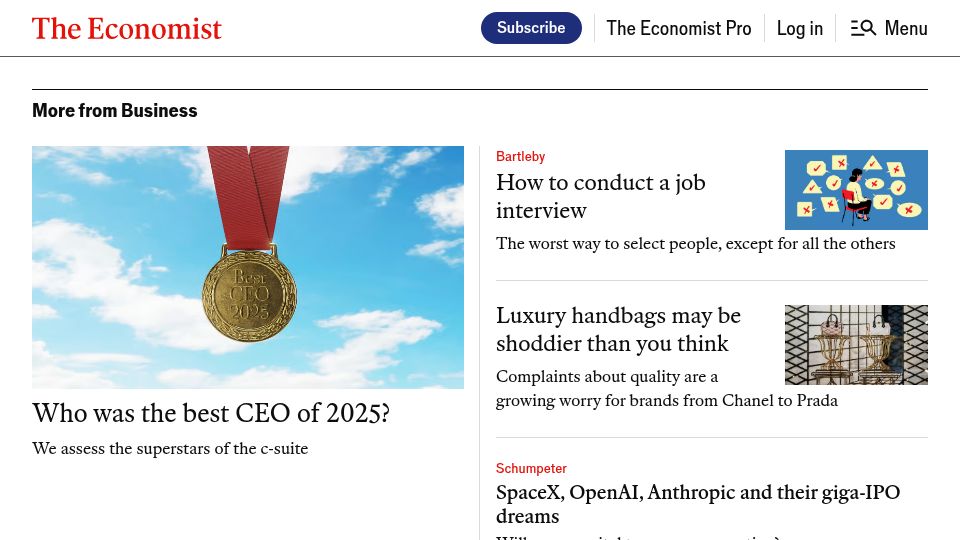 Screenshot of economist.com: Retreating from EVs could be hazardous for Western carmakers