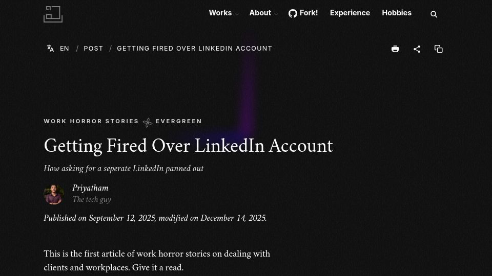 Screenshot of priyatham.in: Getting Fired over LinkedIn Account