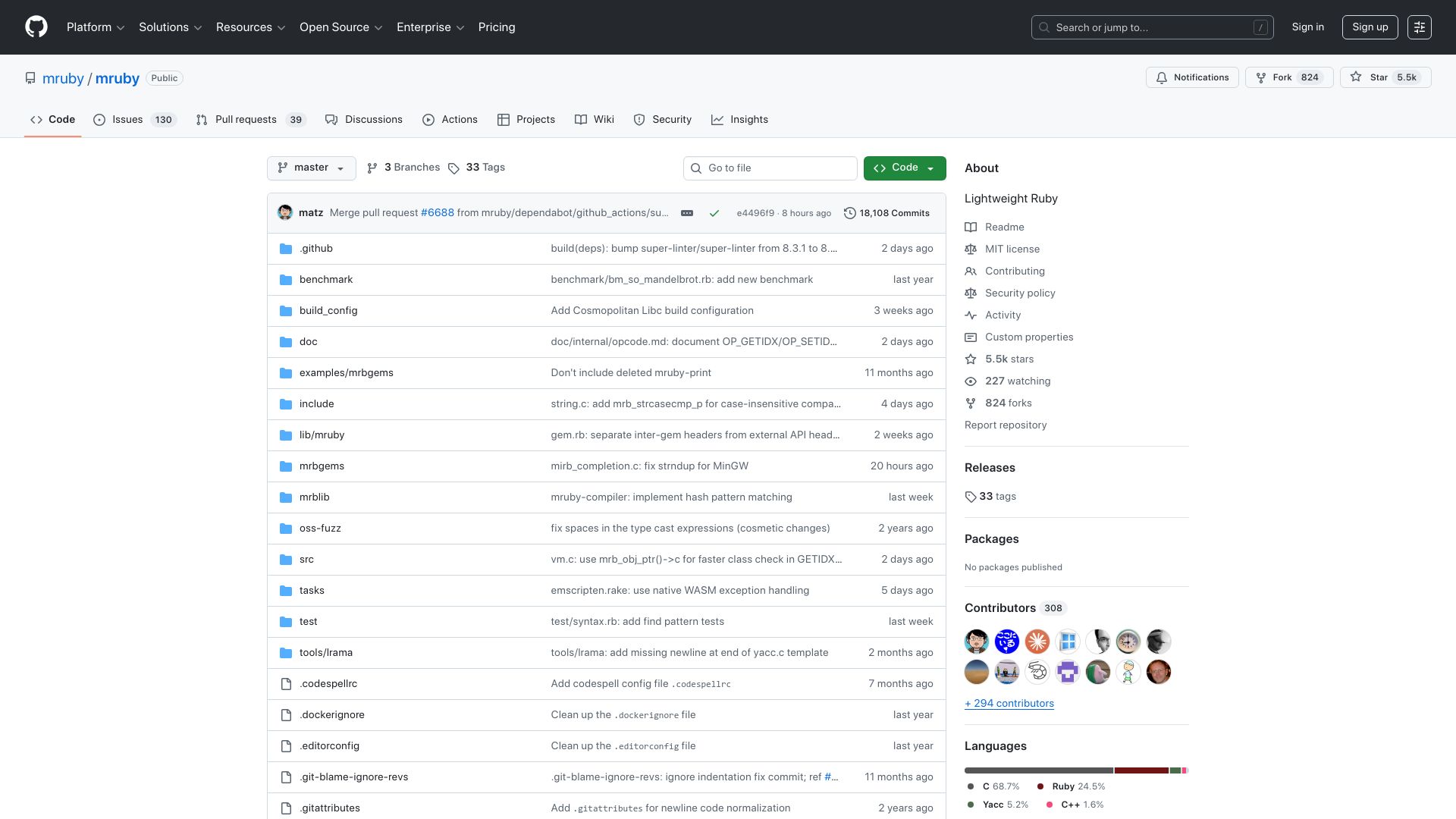 Screenshot of github.com: Mruby: Ruby for Embedded Systems