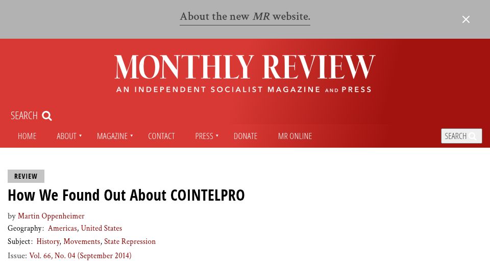 Screenshot of monthlyreview.org: How We Found Out About COINTELPRO (2014)