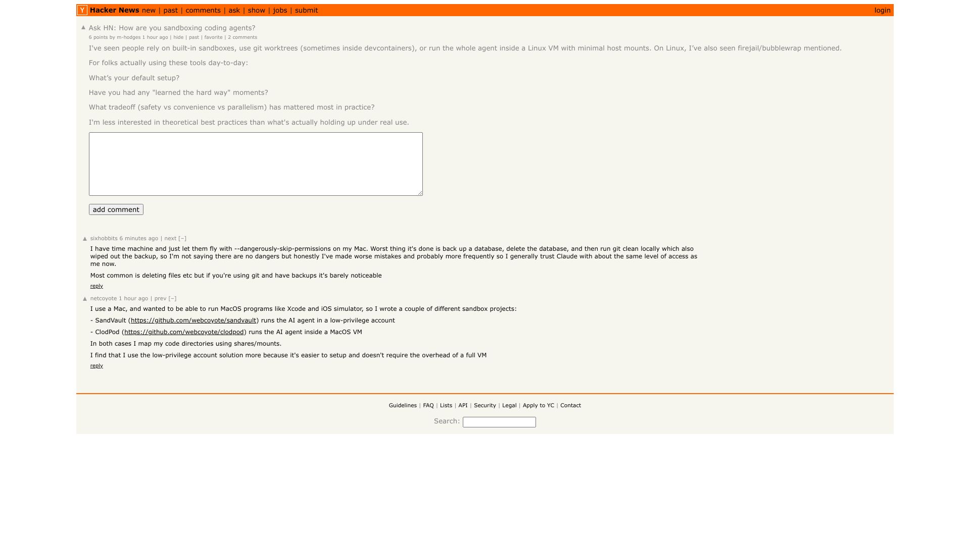 Screenshot of this Hacker News post: Ask HN: How are you sandboxing coding agents?