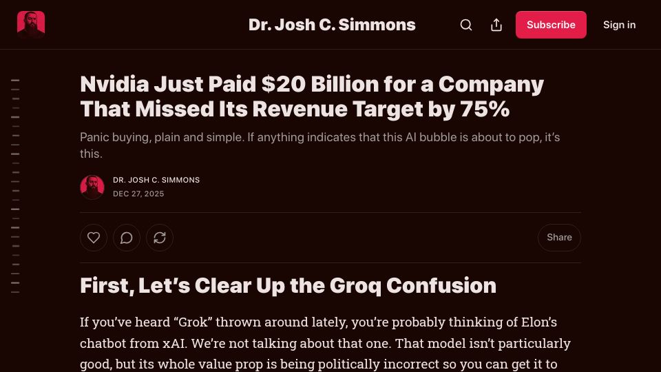Screenshot of blog.drjoshcsimmons.com: Nvidia just paid $20B for a company that missed its revenue target by 75%