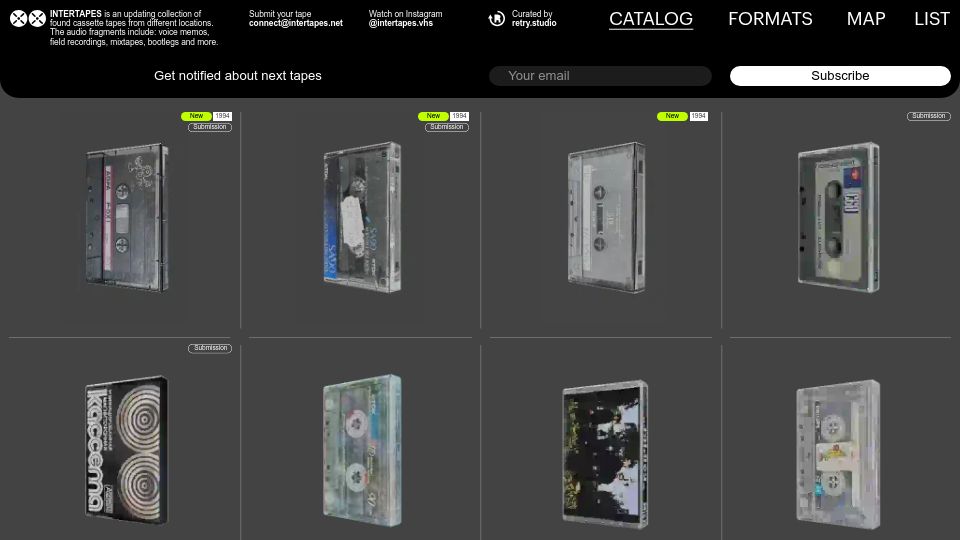 Screenshot of intertapes.net: Intertapes – collection of found cassette tapes from different locations