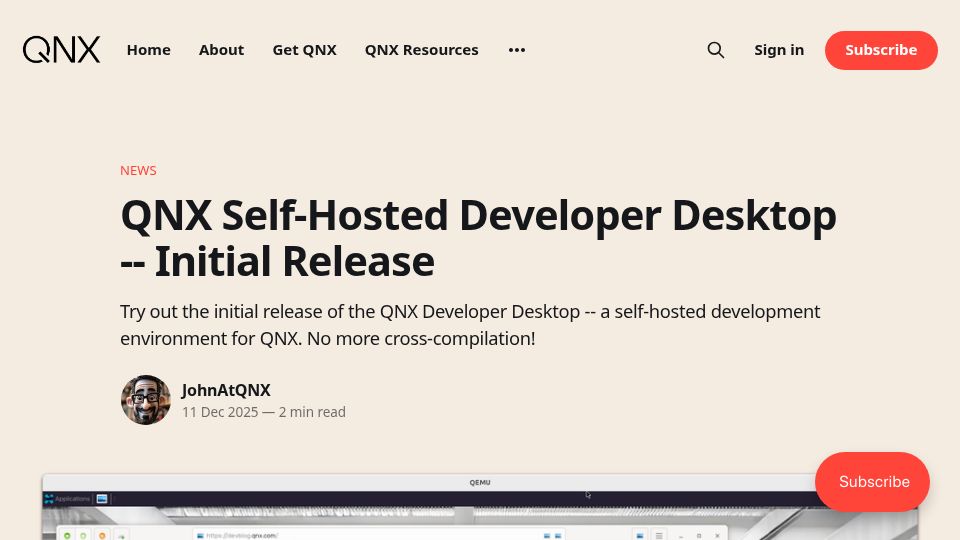 Screenshot of devblog.qnx.com: QNX Self-Hosted Developer Desktop