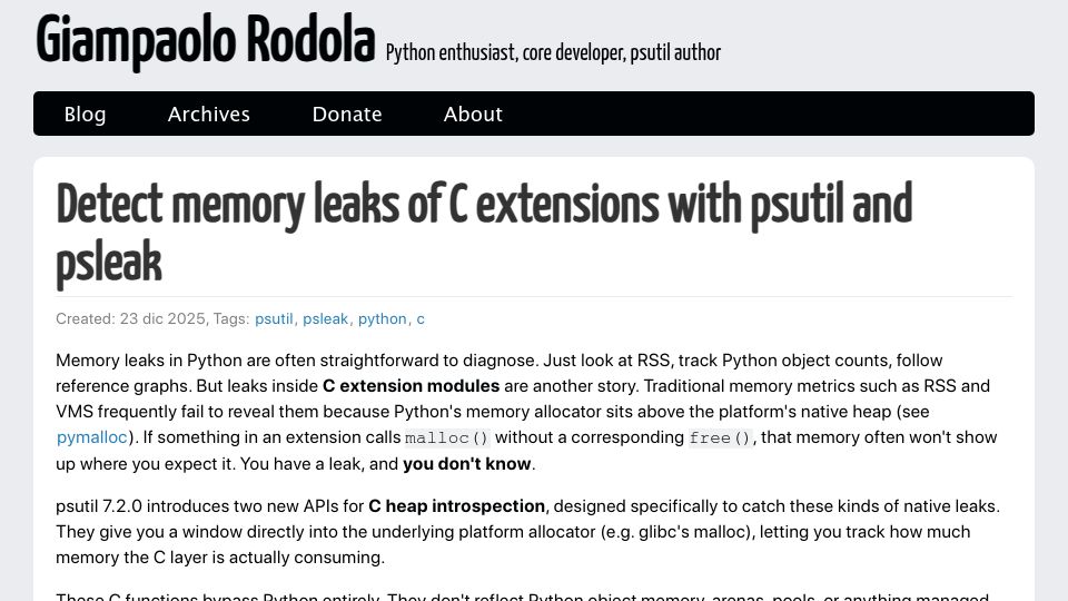 Screenshot of gmpy.dev: Detect memory leaks of C extensions with psutil and psleak