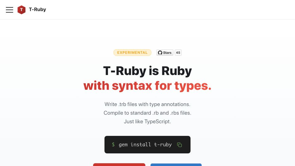 Screenshot of type-ruby.github.io: T-Ruby is Ruby with syntax for types