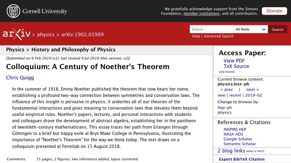 Screenshot of arxiv.org: A Century of Noether's Theorem