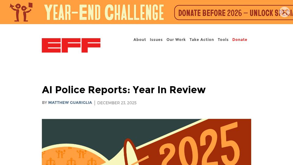 Screenshot of eff.org: AI Police Reports: Year in Review