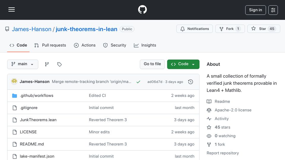 Screenshot of github.com: Some Junk Theorems in Lean