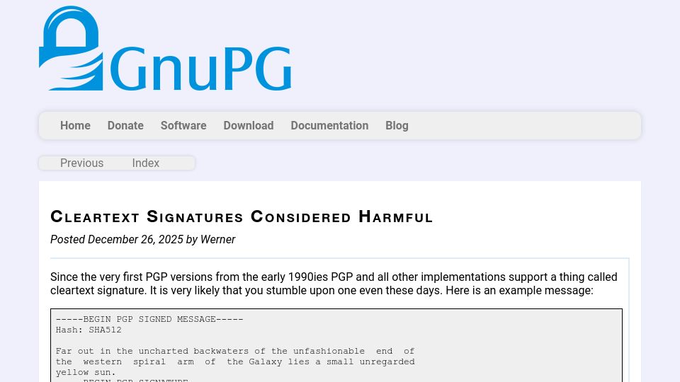 Screenshot of gnupg.org: Cleartext signatures considered harmful