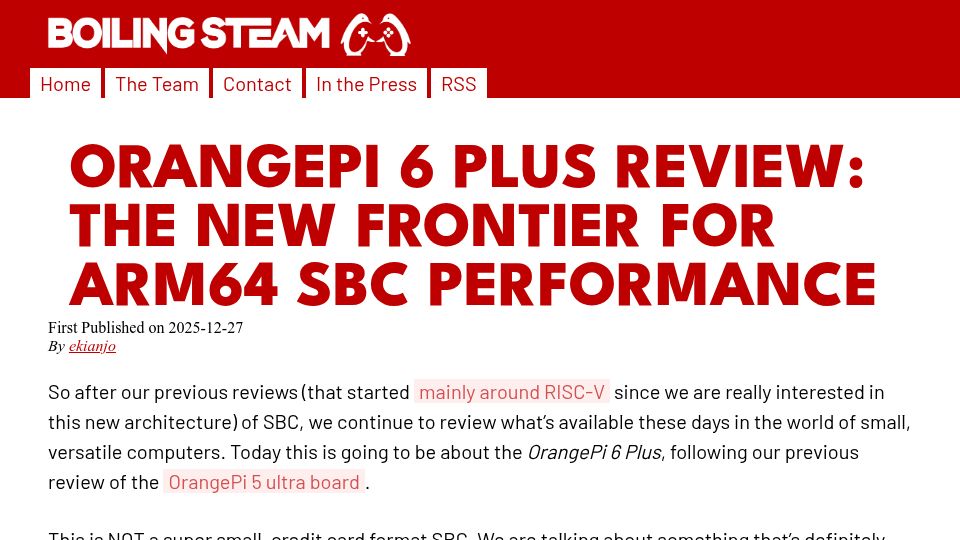 Screenshot of boilingsteam.com: OrangePi 6 Plus Review