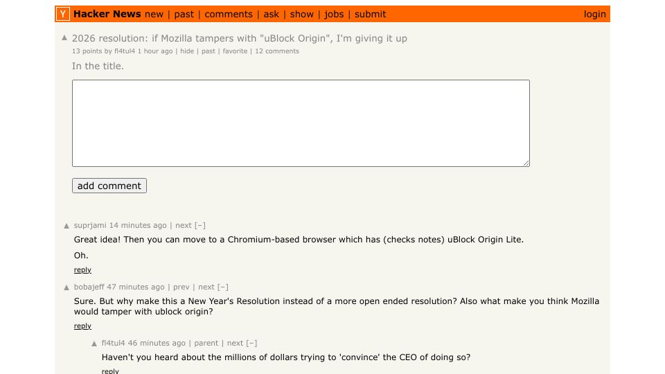 Screenshot of Hacker News post: 2026 resolution: if Mozilla tampers with "uBlock Origin", I'm giving it up