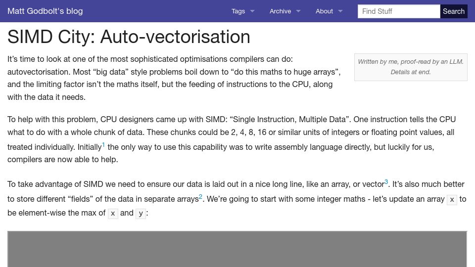 Screenshot of xania.org: SIMD City: Auto-Vectorisation