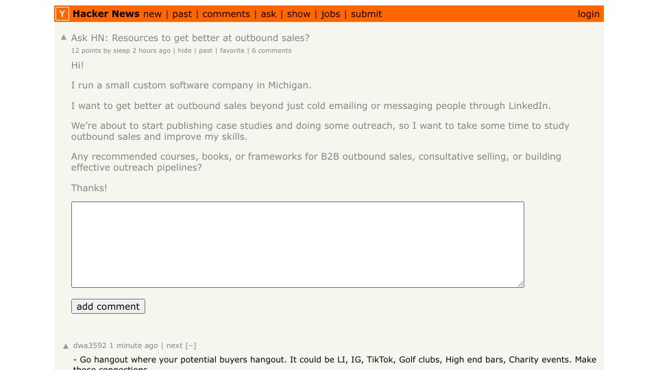 Screenshot of Hacker News post: Ask HN: Resources to get better at outbound sales?