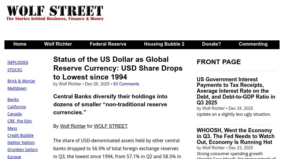 Screenshot of wolfstreet.com: USD share as global reserve currency drops to lowest since 1994