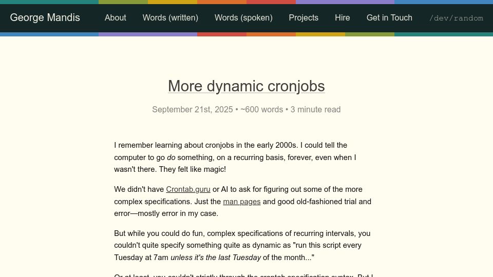 Screenshot of george.mand.is: More dynamic cronjobs