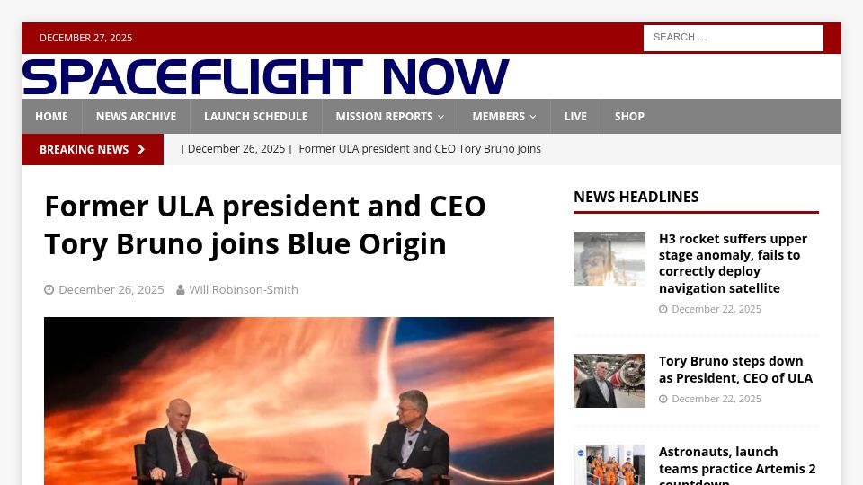 Screenshot of spaceflightnow.com: Former ULA President and CEO Tory Bruno Joins Blue Origin