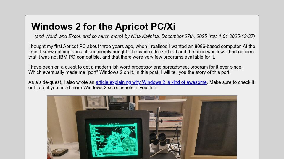 Screenshot of ninakalinina.com: Windows 2 for the Apricot PC/Xi