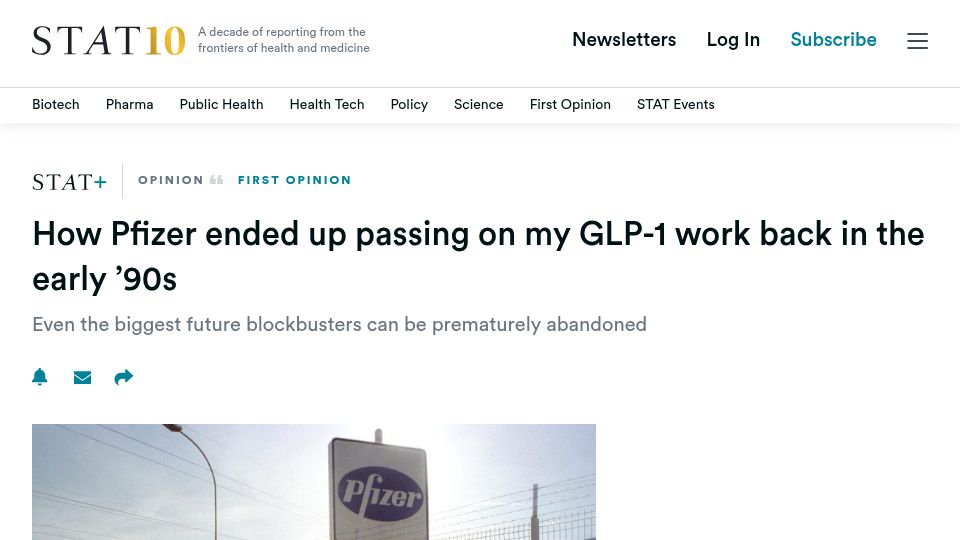 Screenshot of statnews.com: Pfizer ended up passing on my GLP-1 work back in the early '90s (2024)