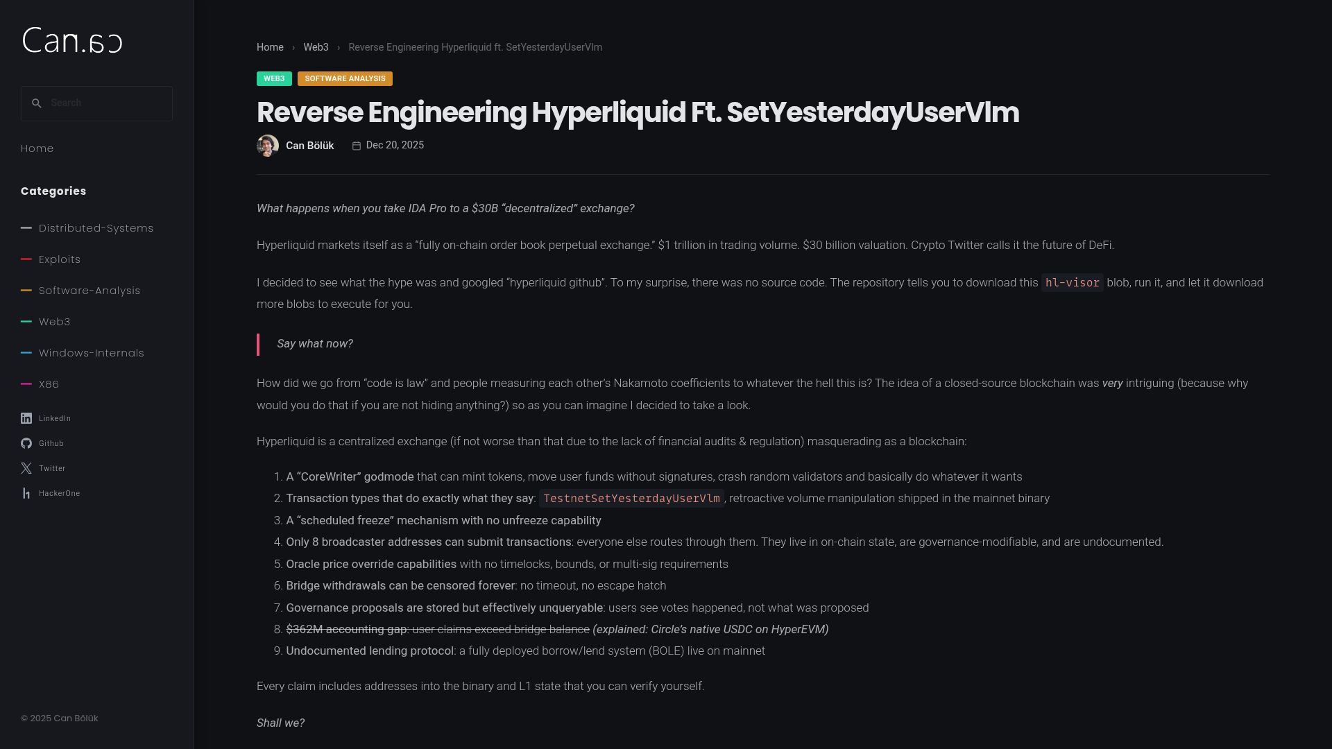 Screenshot of blog.can.ac: Reverse Engineering Hyperliquid