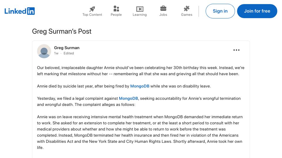 Screenshot of linkedin.com: Employee commits suicide after MongoDB fired her during mental health leave