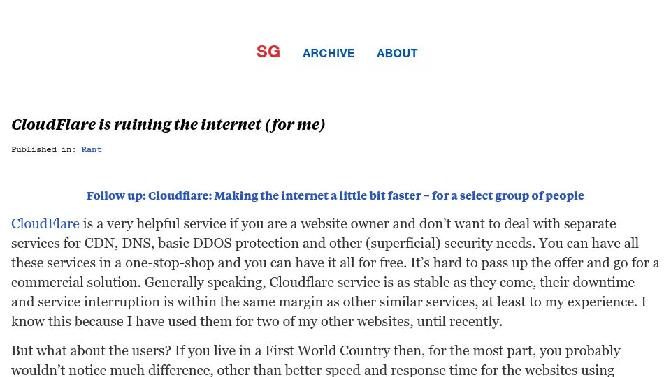 Screenshot of slashgeek.net: CloudFlare is ruining the internet (for me)