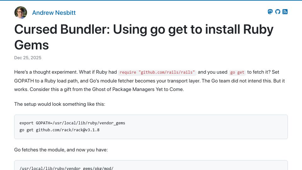 Screenshot of nesbitt.io: Cursed Bundler: Using go get to install Ruby Gems