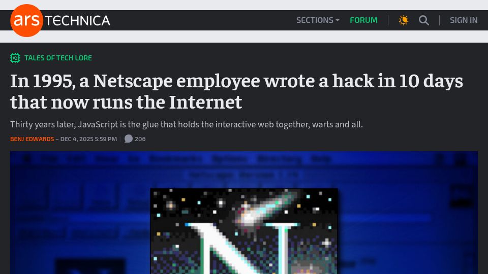 Screenshot of arstechnica.com: In 1995, a Netscape employee wrote a hack in 10 days that now runs the Internet
