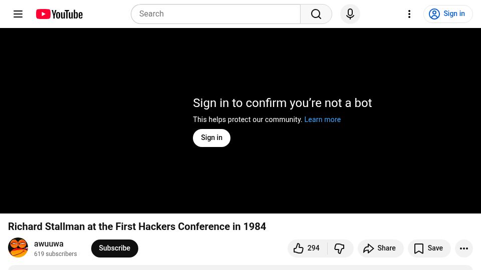 Screenshot of youtube.com: Richard Stallman at the First Hackers Conference in 1984 [video]