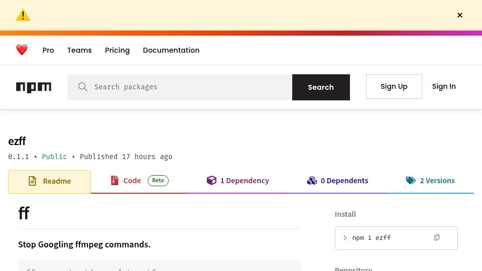 Screenshot of npmjs.com: Show HN: Ez FFmpeg – Video editing in plain English