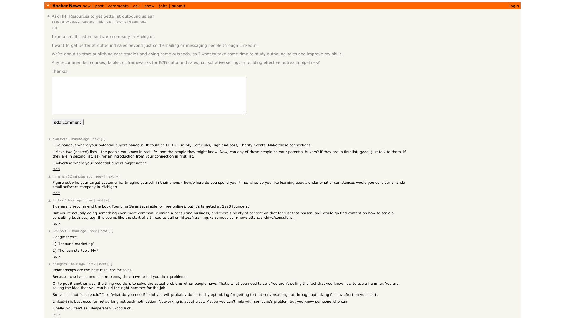 Screenshot of this Hacker News post: Ask HN: Resources to get better at outbound sales?