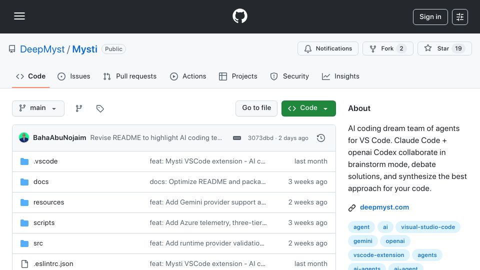 Screenshot of github.com: Show HN: Mysti – Claude, Codex, and Gemini debate your code, then synthesize