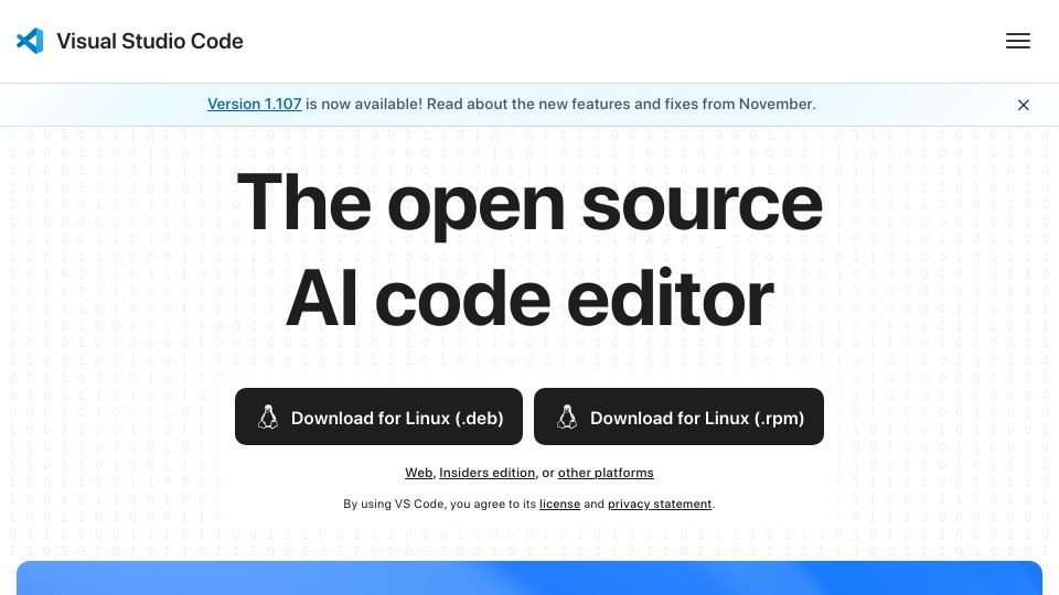 Screenshot of code.visualstudio.com: VSCode rebrands as "The open source AI code editor"