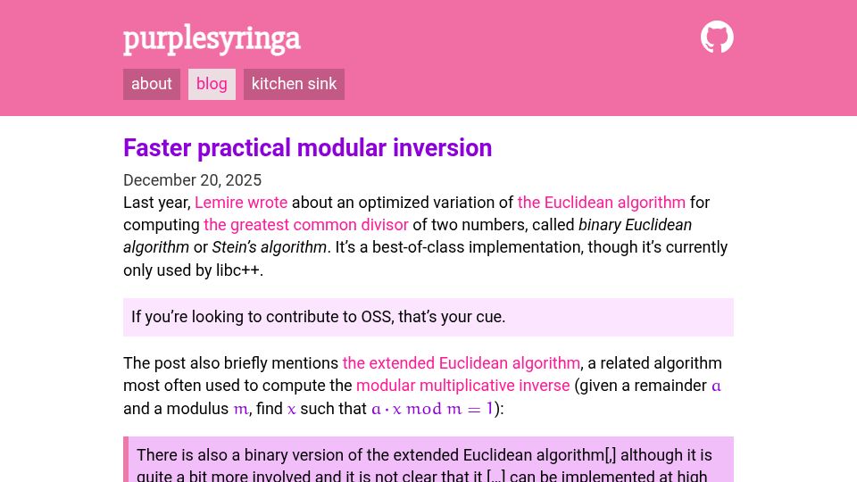 Screenshot of purplesyringa.moe: Faster practical modular inversion
