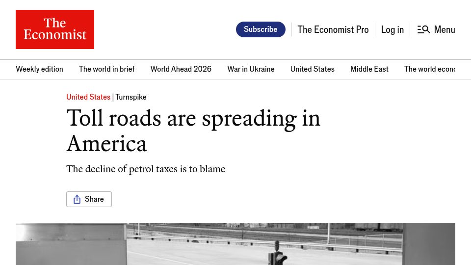 Screenshot of economist.com: Toll roads are spreading in America