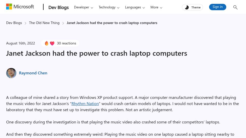 Screenshot of devblogs.microsoft.com: Janet Jackson had the power to crash laptop computers (2022)