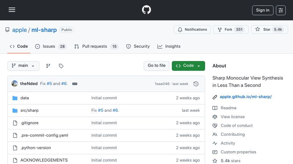 Screenshot of github.com: Apple releases open-source model that instantly turns 2D photos into 3D views