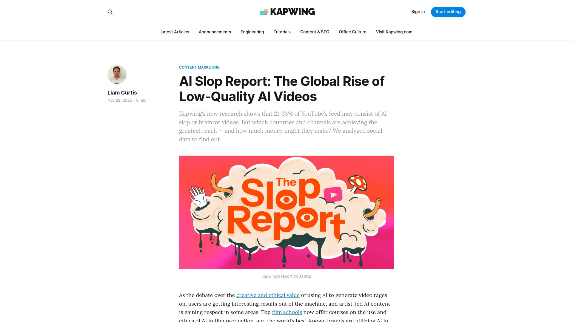 Screenshot of kapwing.com: A new research shows that 21-33% of YouTube's feed may consist of AI slop