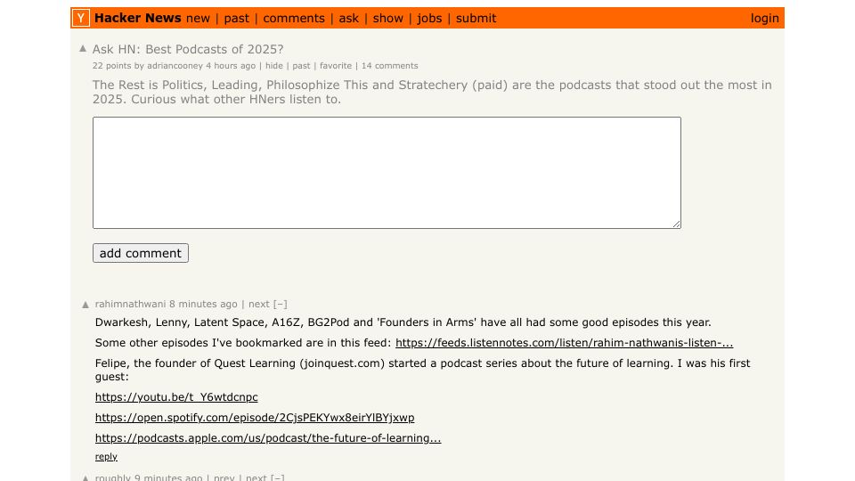 Screenshot of Hacker News post: Ask HN: Best Podcasts of 2025?