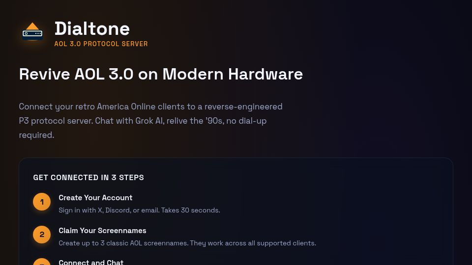 Screenshot of dialtone.live: Dialtone – AOL 3.0 Server