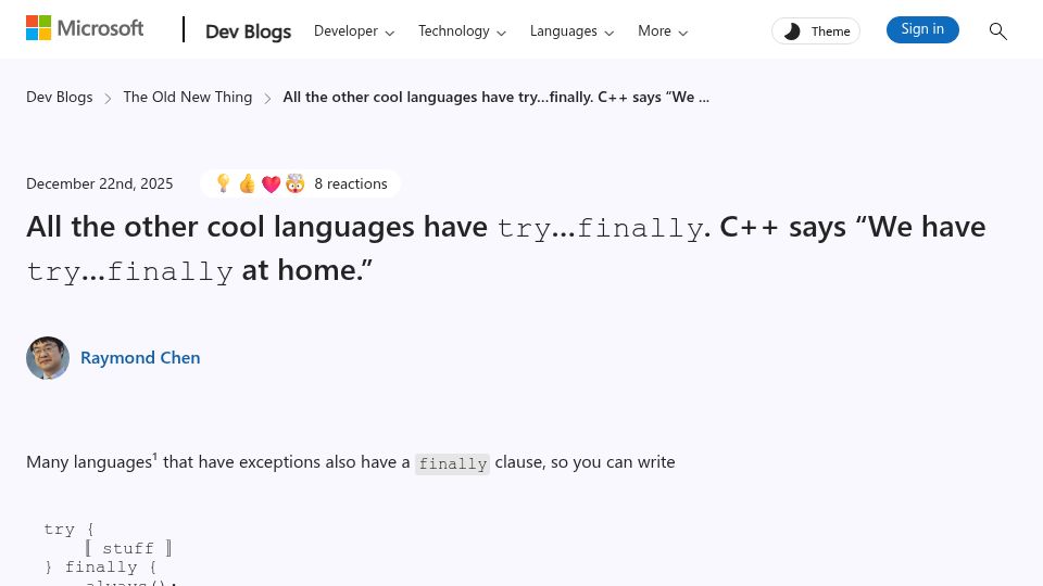 Screenshot of devblogs.microsoft.com: C++ says “We have try... finally at home”