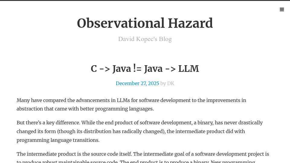 Screenshot of observationalhazard.com: C –> Java != Java –> LLM