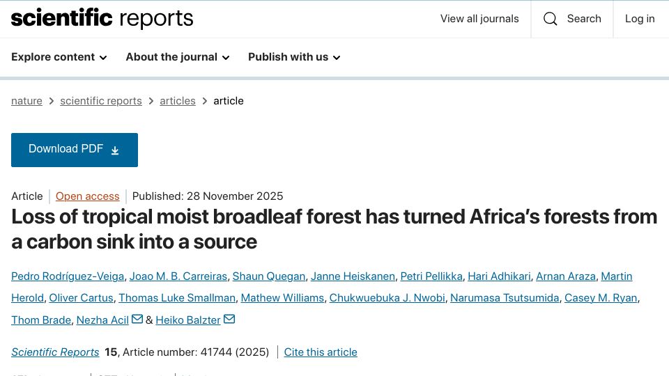 Screenshot of nature.com: Loss of moist broadleaf forest in Africa has turned a carbon sink into source