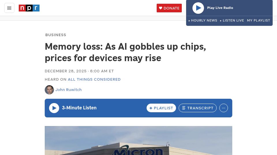 Screenshot of npr.org: As AI gobbles up chips, prices for devices may rise
