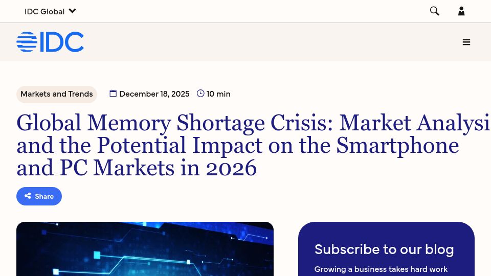 Screenshot of idc.com: Global Memory Shortage Crisis: Market Analysis