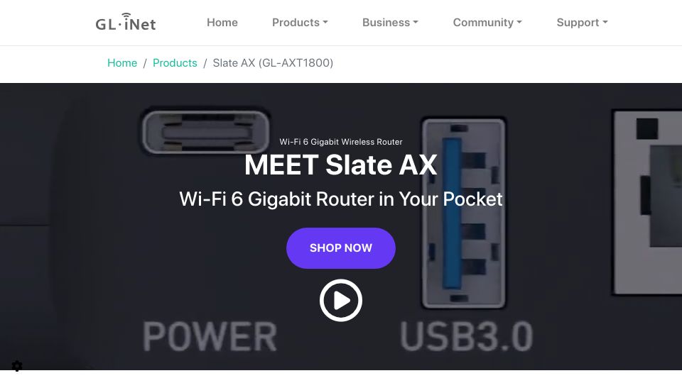 Screenshot of gl-inet.com: Slate AX: Wi-Fi 6 Gigabit travel router
