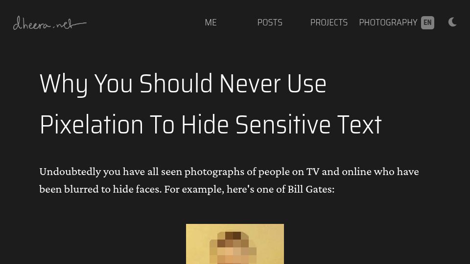 Screenshot of dheera.net: Never Use Pixelation to Hide Sensitive Text (2014)