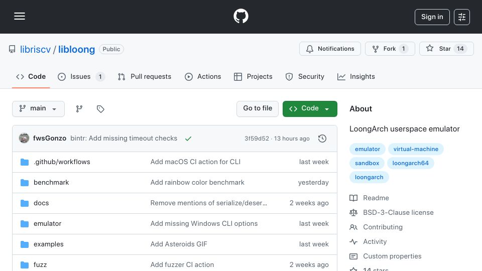 Screenshot of github.com: Show HN: LoongArch Userspace Emulator
