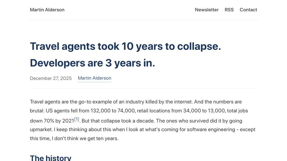 Screenshot of martinalderson.com: Travel agents took 10 years to collapse. Developers are 3 years in
